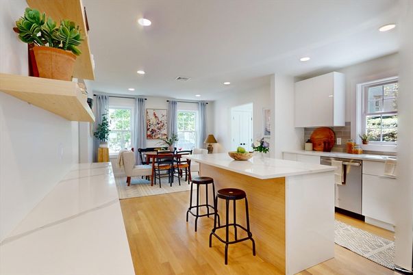 Dining room, Interior, Kitchen, Recessed Lighting, Wood Texture Flooring