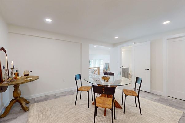 Dining room, Interior, Recessed Lighting, Wood Texture Flooring