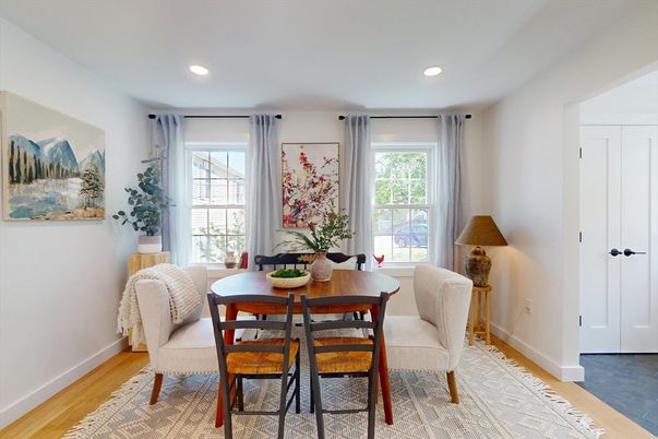 Dining room, Interior, Recessed Lighting, Wood Texture Flooring