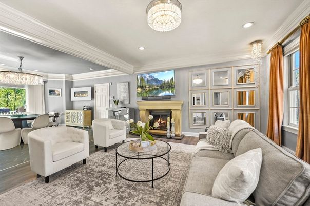 Chandelier, Dining room, Fireplace, Interior, Living room, Recessed Lighting, Wood Texture Flooring