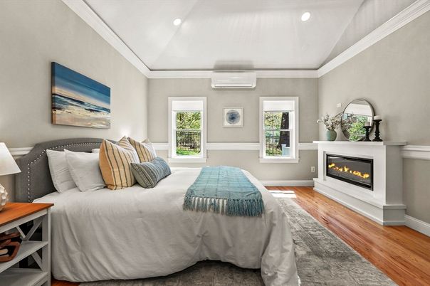 Bedroom, Fireplace, Interior, Recessed Lighting, Wood Texture Flooring