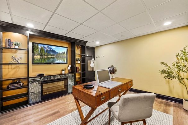 Fireplace, Home Office, Interior, Recessed Lighting, Wood Texture Flooring