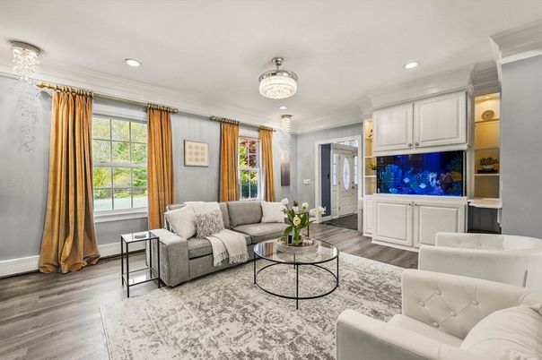 Chandelier, Interior, Living room, Recessed Lighting, Wood Texture Flooring