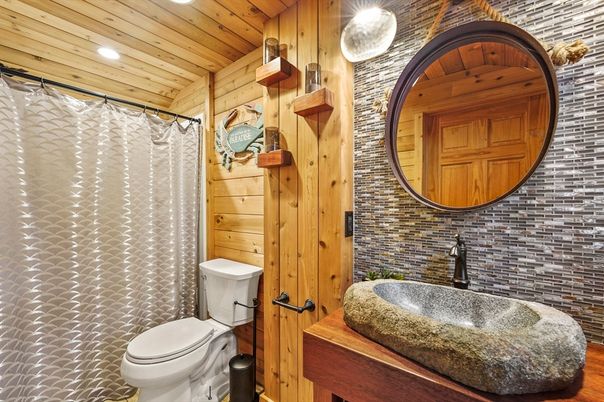 Bathroom, Interior, Recessed Lighting, Wooden Ceilings, Wooden Walls