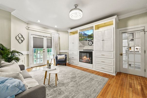 Fireplace, Interior, Living room, Recessed Lighting, Wood Texture Flooring