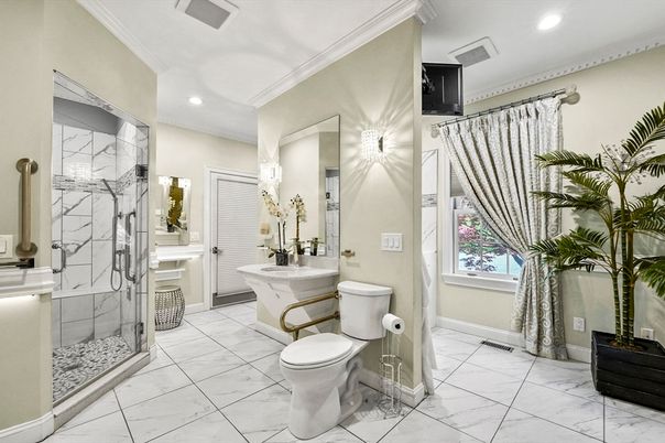 Bathroom, Glass Shower, Interior, Marble, Marble Walls, Recessed Lighting