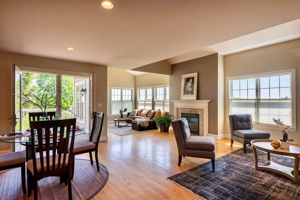 Dining room, Fireplace, Interior, Living room, Recessed Lighting, Water, Wood Texture Flooring
