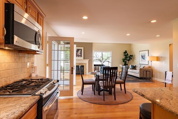 Dining room, Fireplace, Interior, Kitchen, Living room, Recessed Lighting, Wood Texture Flooring