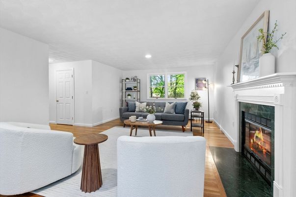 Fireplace, Interior, Living room, Recessed Lighting, Wood Texture Flooring