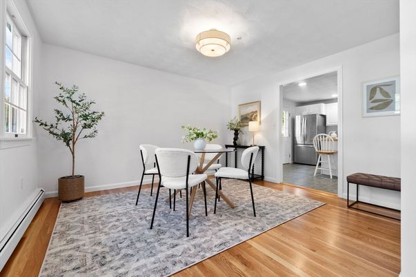 Dining room, Interior, Kitchen, Stainless Steel Appliances, Wood Texture Flooring