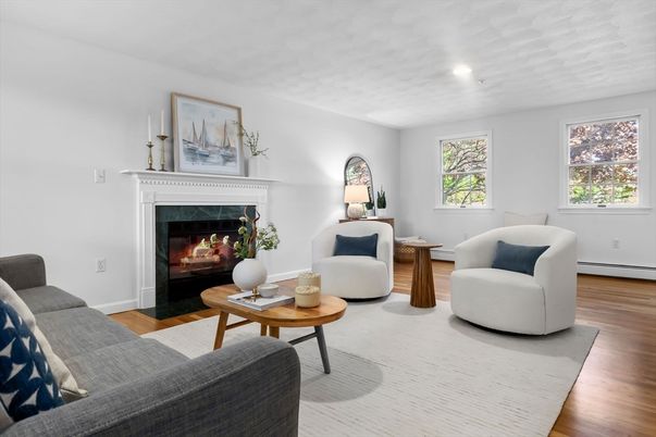 Fireplace, Interior, Living room, Recessed Lighting, Wood Texture Flooring