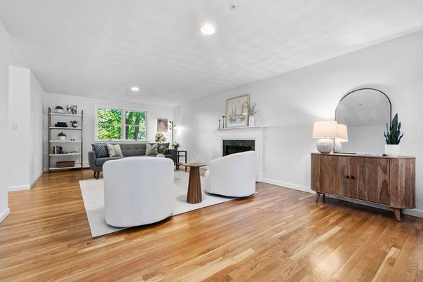 Fireplace, Interior, Living room, Recessed Lighting, Wood Texture Flooring