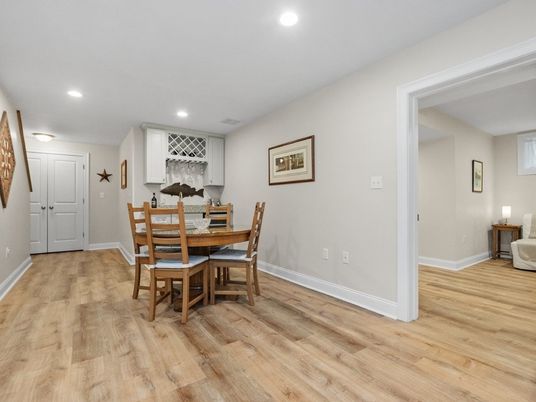 Dining room, Interior, Recessed Lighting, Wood Texture Flooring