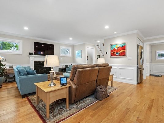 Fireplace, Interior, Living room, Recessed Lighting, Wood Texture Flooring