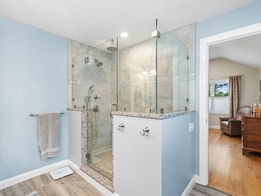 Bathroom, Glass Shower, Interior, Recessed Lighting, Wood Texture Flooring