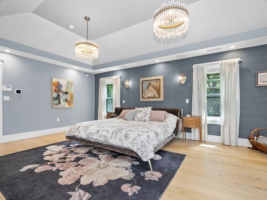 Bedroom, Chandelier, Interior, Pendant Lights, Recessed Lighting, Wood Texture Flooring