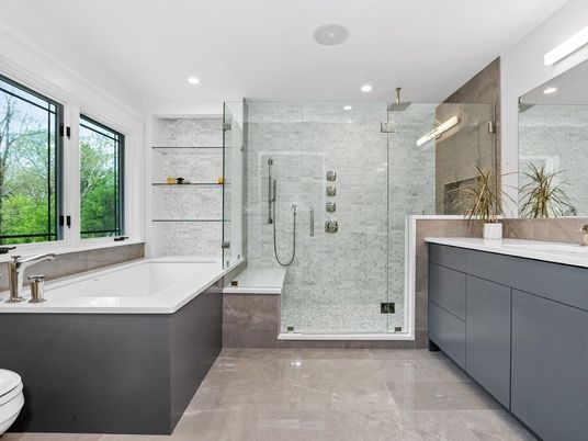 Bathroom, Glass Shower, Interior, Marble Walls, Recessed Lighting