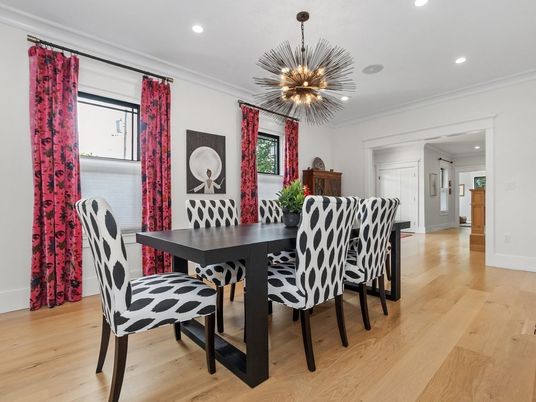 Dining room, Interior, Pendant Lights, Recessed Lighting, Wood Texture Flooring
