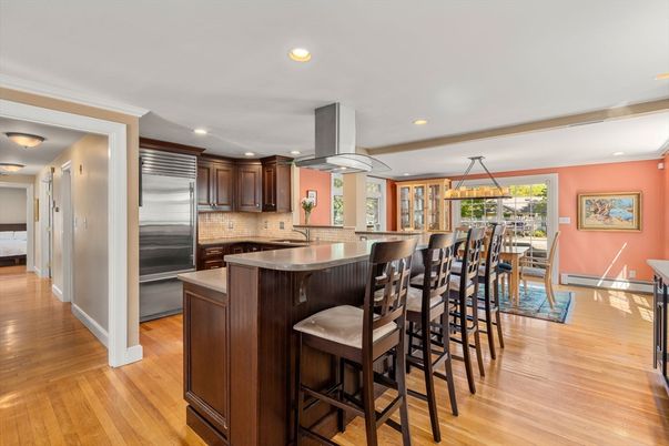 Dining room, Interior, Kitchen, Recessed Lighting, Stainless Steel Appliances, Wood Texture Flooring