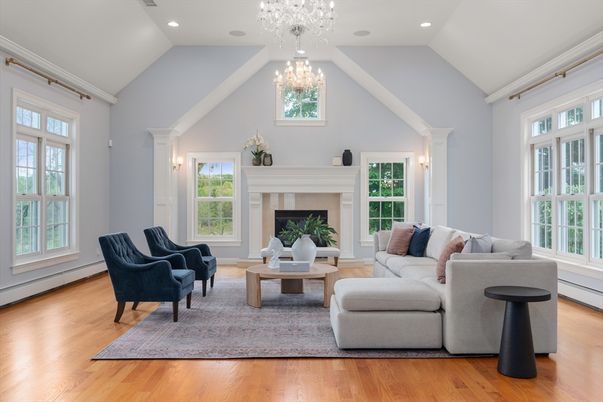 Chandelier, Fireplace, Interior, Living room, Recessed Lighting, Wood Texture Flooring