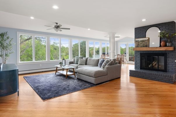 Fireplace, Interior, Living room, Recessed Lighting, Wood Texture Flooring