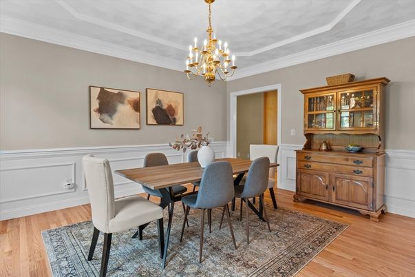 Chandelier, Dining room, Interior, Wood Texture Flooring