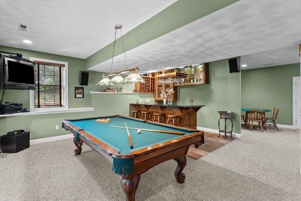 Billiard Table, Game Room, Interior, Pendant Lights, Recessed Lighting, Wood Texture Flooring