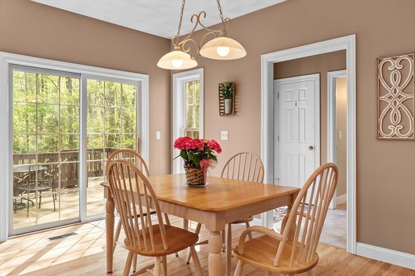 Dining room, Interior, Pendant Lights, Wood Texture Flooring