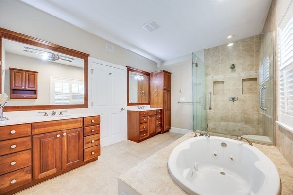 Bathroom, Dual Sink Vanities, Glass Shower, Interior, Recessed Lighting