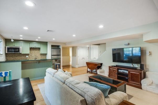 Interior, Kitchen, Living room, Recessed Lighting, Stainless Steel Appliances, Wood Texture Flooring