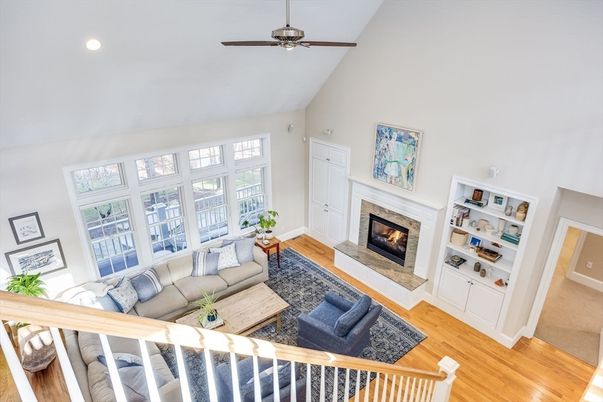 Fireplace, Interior, Living room, Recessed Lighting, Wood Texture Flooring