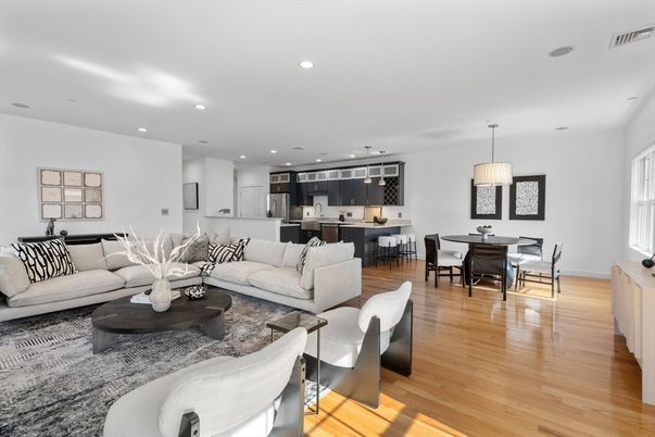Dining room, Interior, Kitchen, Living room, Pendant Lights, Recessed Lighting, Stainless Steel Appliances, Wood Texture Flooring