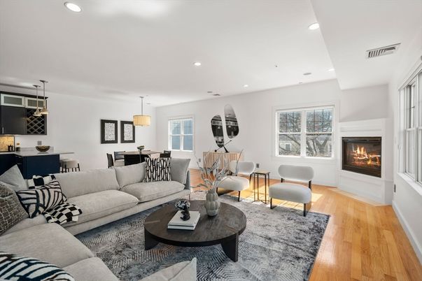 Dining room, Fireplace, Interior, Living room, Pendant Lights, Recessed Lighting, Wood Texture Flooring