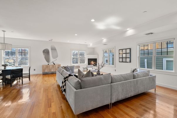 Dining room, Fireplace, Interior, Living room, Pendant Lights, Recessed Lighting, Wood Texture Flooring