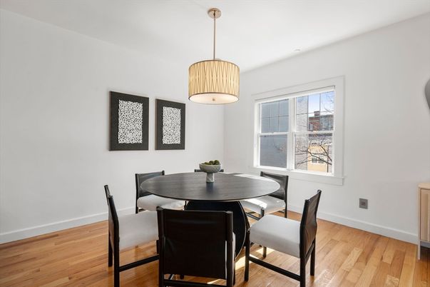 Dining room, Interior, Pendant Lights, Wood Texture Flooring