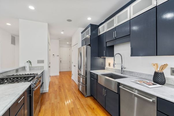 Interior, Kitchen, Recessed Lighting, Stainless Steel Appliances, Wood Texture Flooring