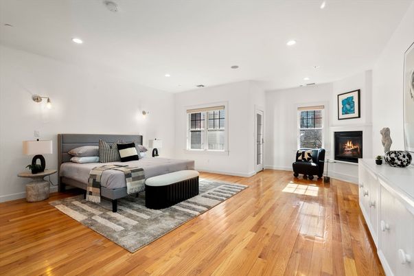 Bedroom, Fireplace, Interior, Recessed Lighting, Wood Texture Flooring