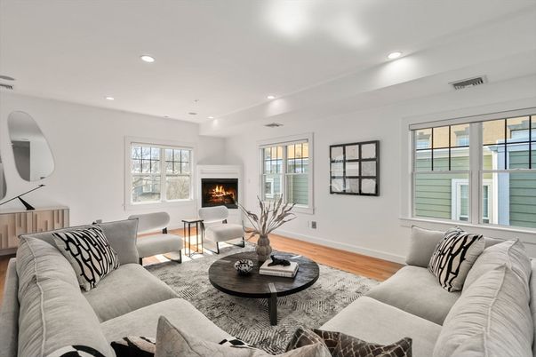 Fireplace, Interior, Living room, Recessed Lighting, Wood Texture Flooring