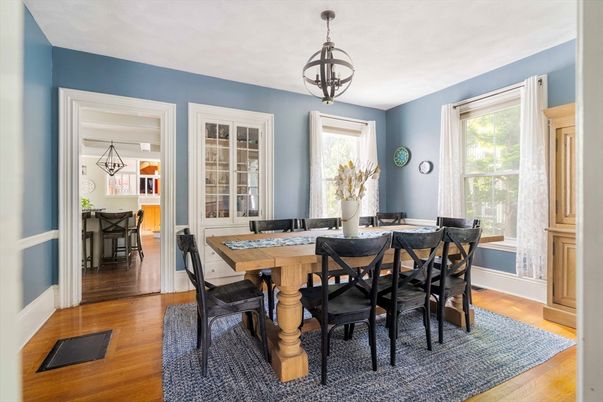 Dining room, Interior, Pendant Lights, Wood Texture Flooring
