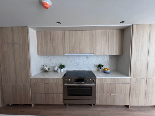 Interior, Kitchen, Marble Walls, Stainless Steel Appliances, Wood Texture Flooring