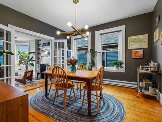 Dining room, Interior, Pendant Lights, Wood Texture Flooring
