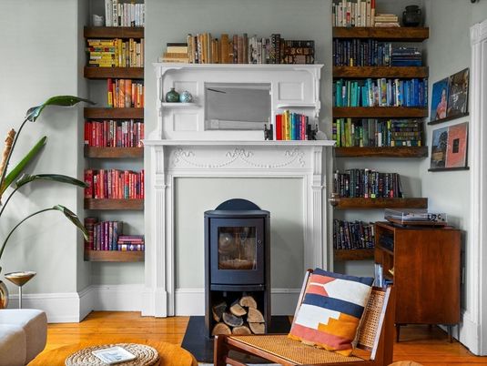 Fireplace, Home Office, Interior, Wood Texture Flooring