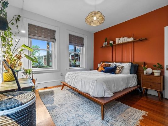 Bedroom, Interior, Pendant Lights, Wood Texture Flooring