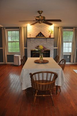 Dining room, Fireplace, Interior, Stone Walls, Wood Texture Flooring