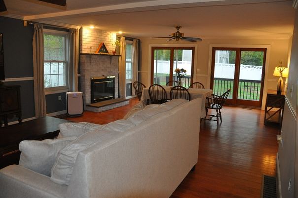 Dining room, Fireplace, Interior, Living room, Stone Walls, Wood Texture Flooring