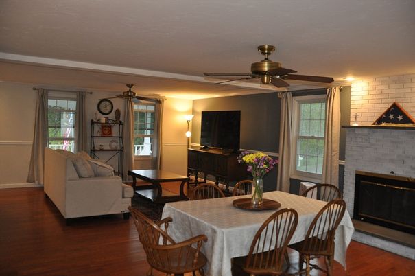 Dining room, Fireplace, Interior, Living room, Stone Walls, Wood Texture Flooring