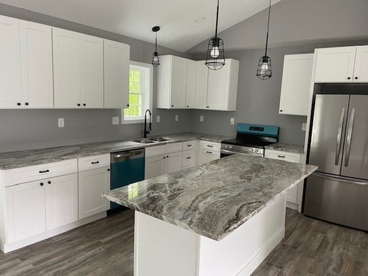 Interior, Kitchen, Pendant Lights, Stainless Steel Appliances, Wood Texture Flooring