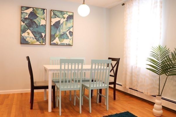 Dining room, Interior, Pendant Lights, Wood Texture Flooring