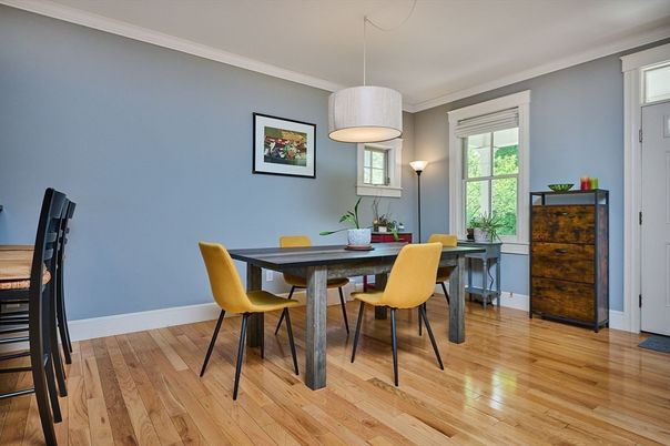 Dining room, Interior, Pendant Lights, Wood Texture Flooring