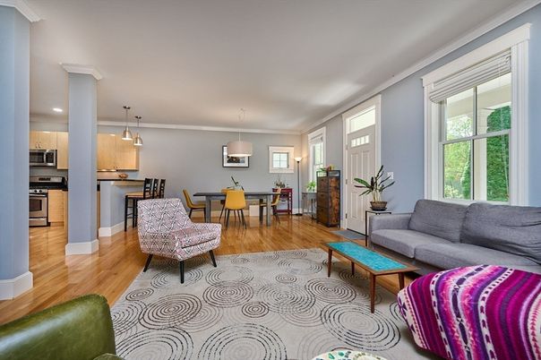 Dining room, Interior, Kitchen, Living room, Pendant Lights, Recessed Lighting, Stainless Steel Appliances, Wood Texture Flooring